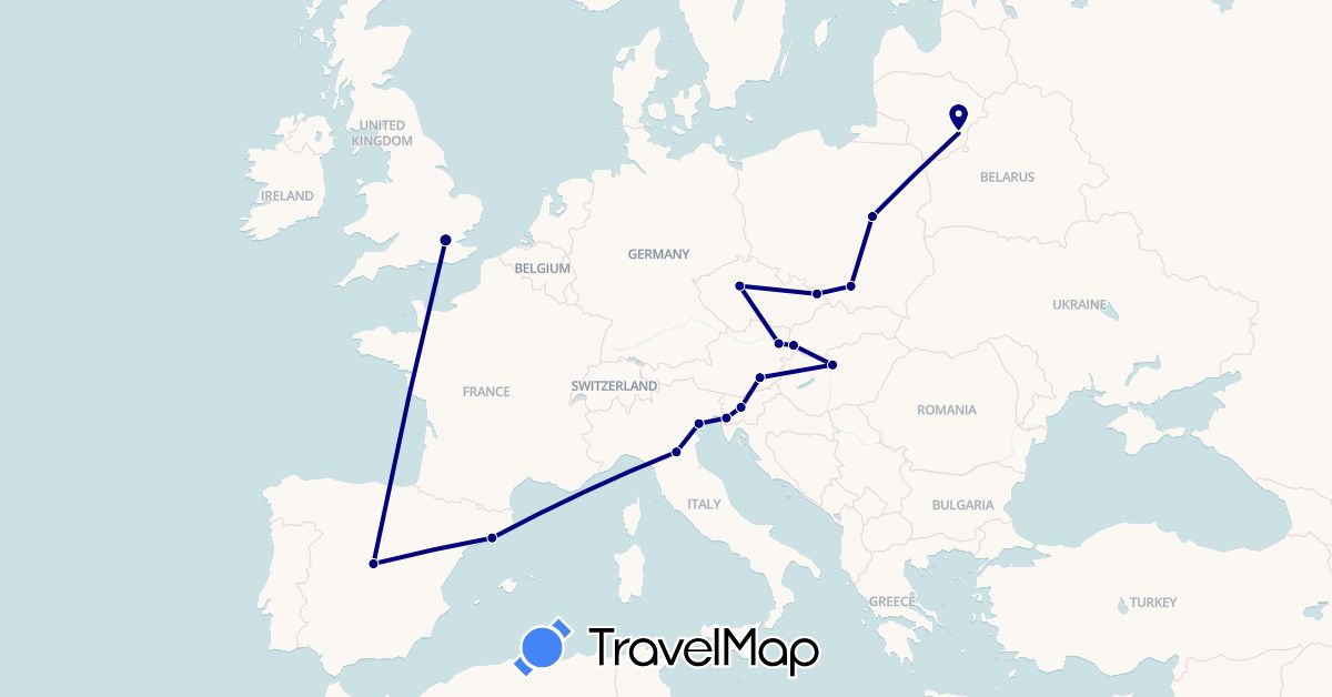 TravelMap itinerary: driving in Austria, Czech Republic, Spain, United Kingdom, Hungary, Italy, Lithuania, Poland, Slovenia, Slovakia (Europe)